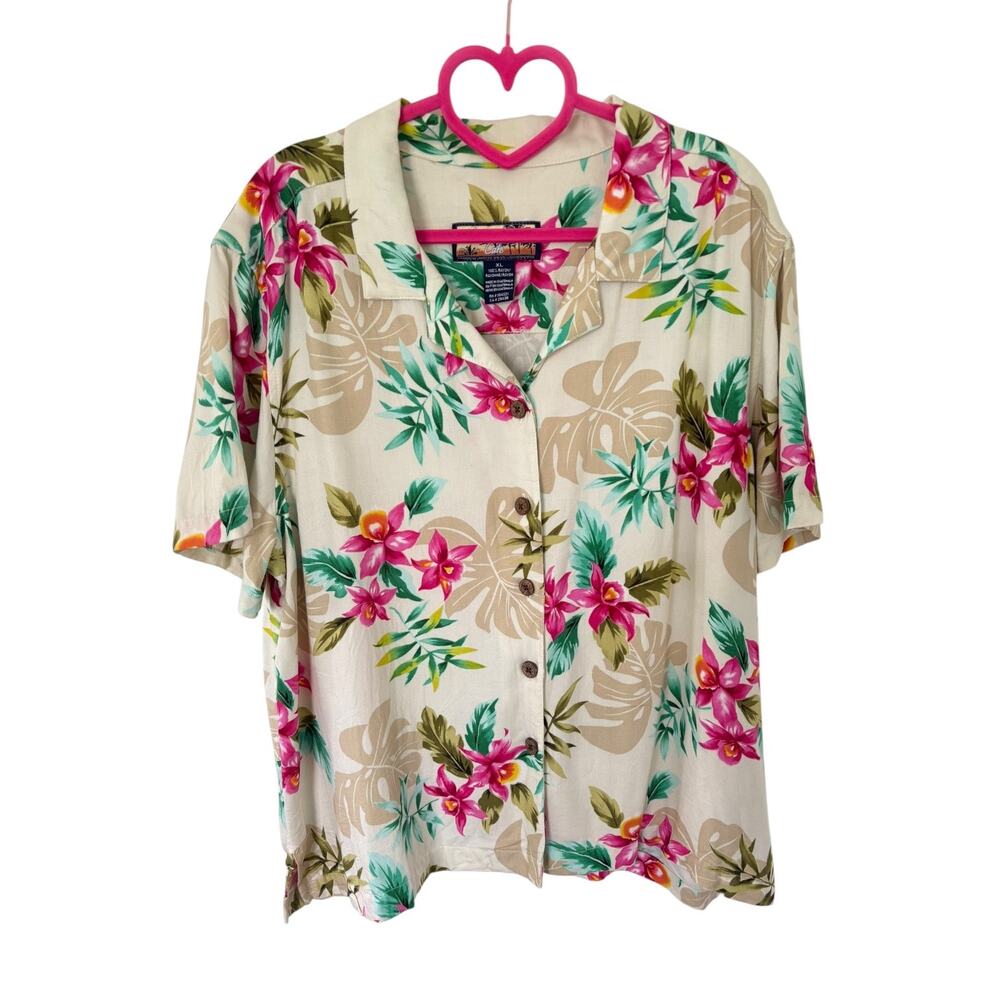 Y2K Hawaiian Floral Rayon Camp Shirt XL Tropical Aloha Orchid Beach Resort Top
